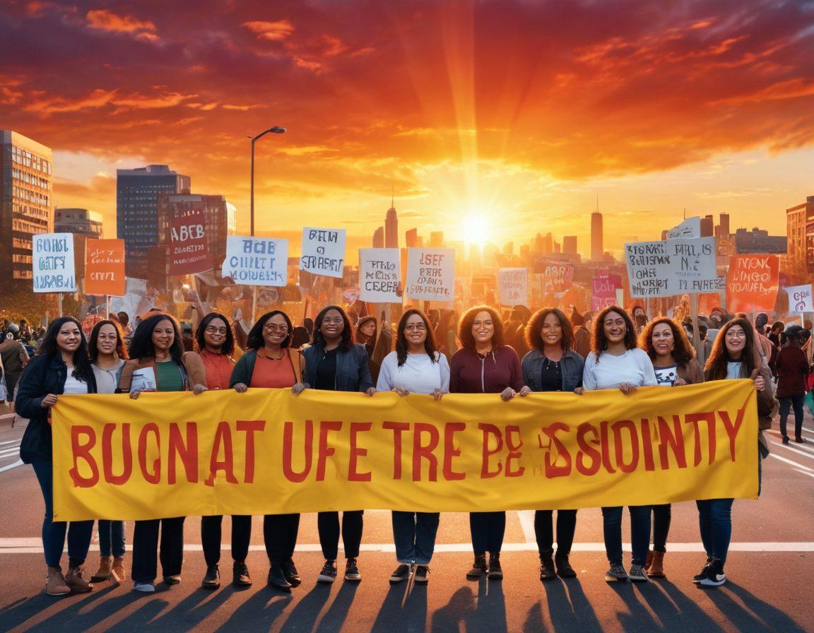 A powerful representation of women's rights, featuring diverse women from various backgrounds standing together, holding signs that advocate for reproductive freedom. In the background, a vibrant urban landscape reflects a progressive society. The sun sets, casting a warm, empowering glow over them to symbolize hope and unity. Incorporate elements of resistance and strength, such as raised fists and colorful banners. super-realistic. vibrant colors. 3D.