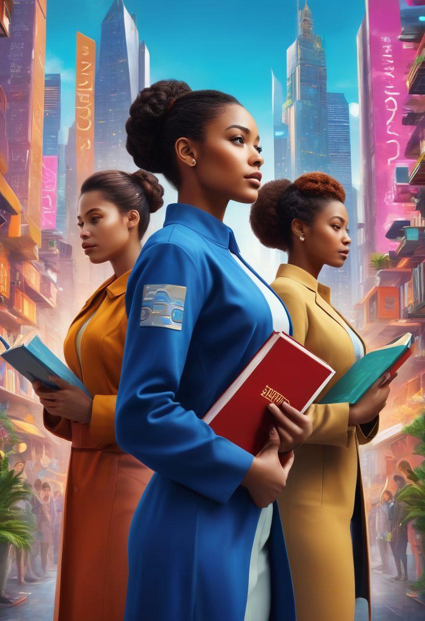 A powerful depiction of diverse women from different cultures standing together in a futuristic cityscape, each holding symbols of empowerment such as books, plants, and technology. The background features vibrant imagery of gender equity and choice, incorporating icons of leadership and innovation. The overall mood should be inspiring and hopeful, with bright colors that signify change and progress. super-realistic. vibrant colors. dynamic composition.